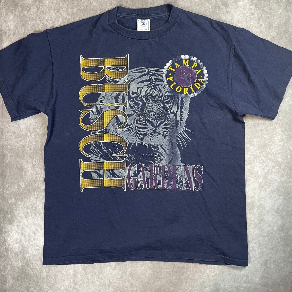 Vintage Busch Gardens Tampa Florida Tiger T-Shirt Navy Blue Delta Large USA